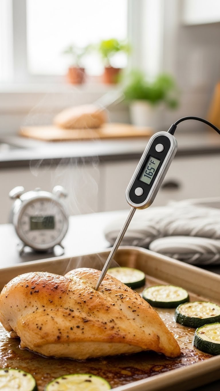 Digital meat thermometer inserted into golden-brown baked chicken breast showing proper internal temperature reading.