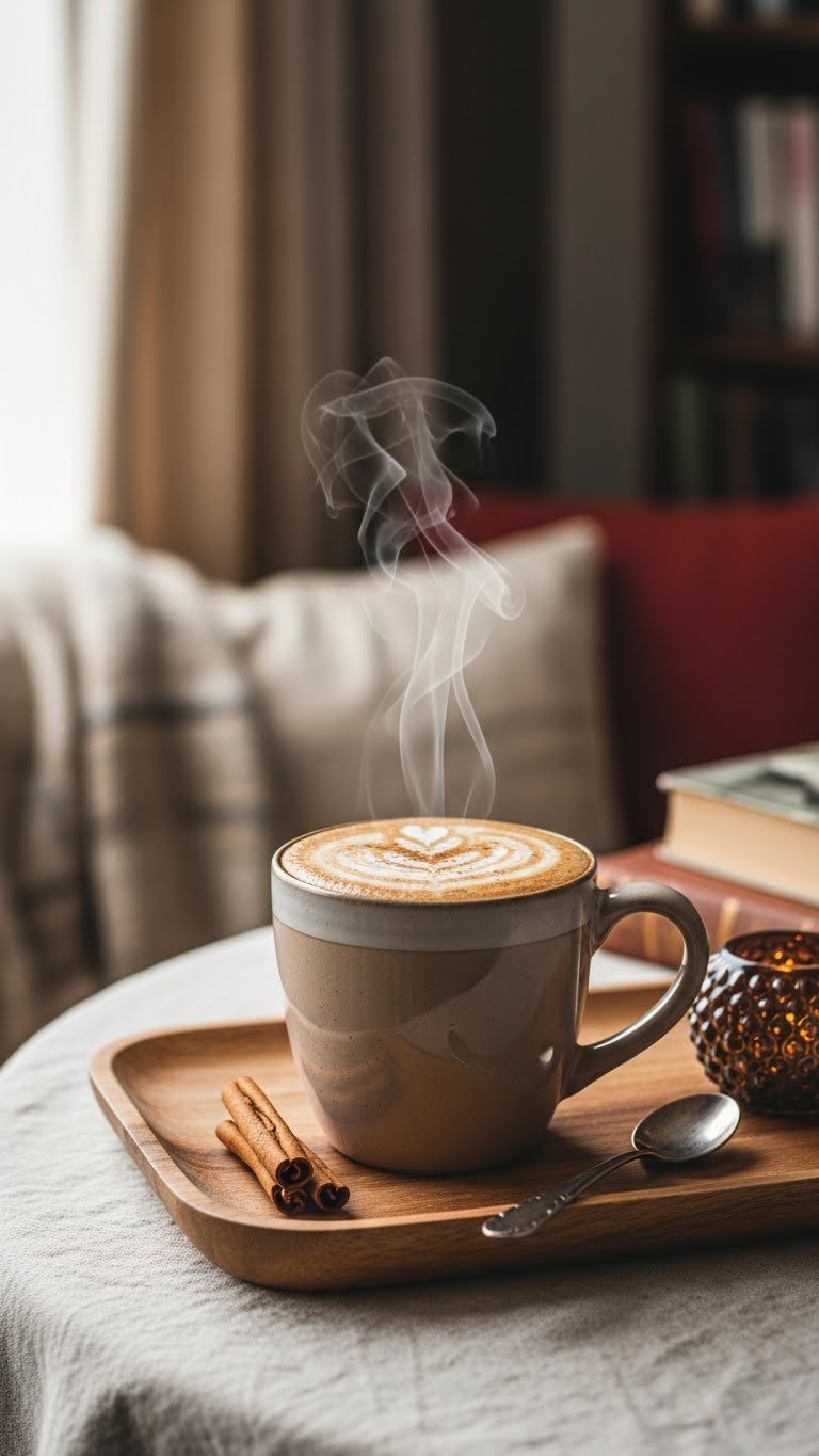 Dirty chai latte with cinnamon dusting in ceramic mug on wooden tray with cozy reading nook