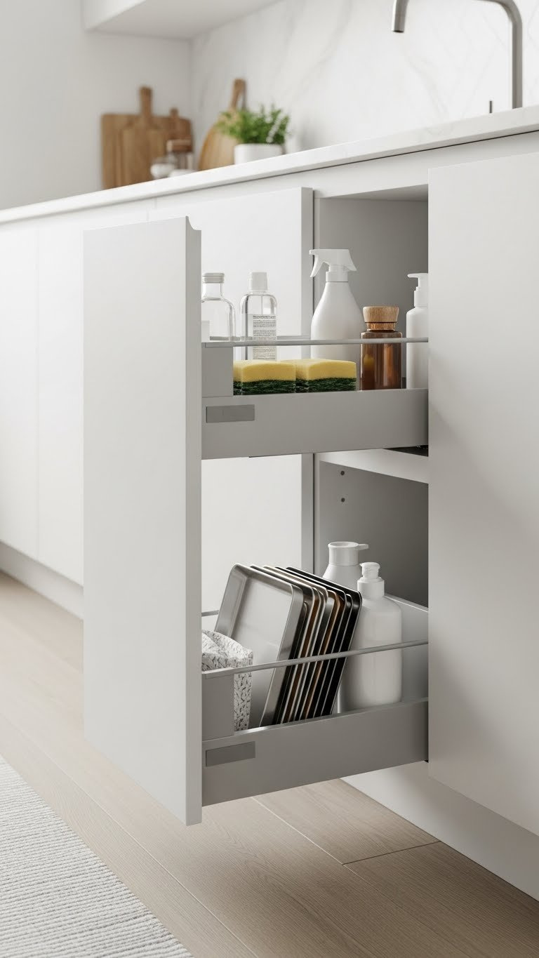 Discreet toe-kick drawer integrated into base of kitchen cabinets partially open to reveal organized flat items