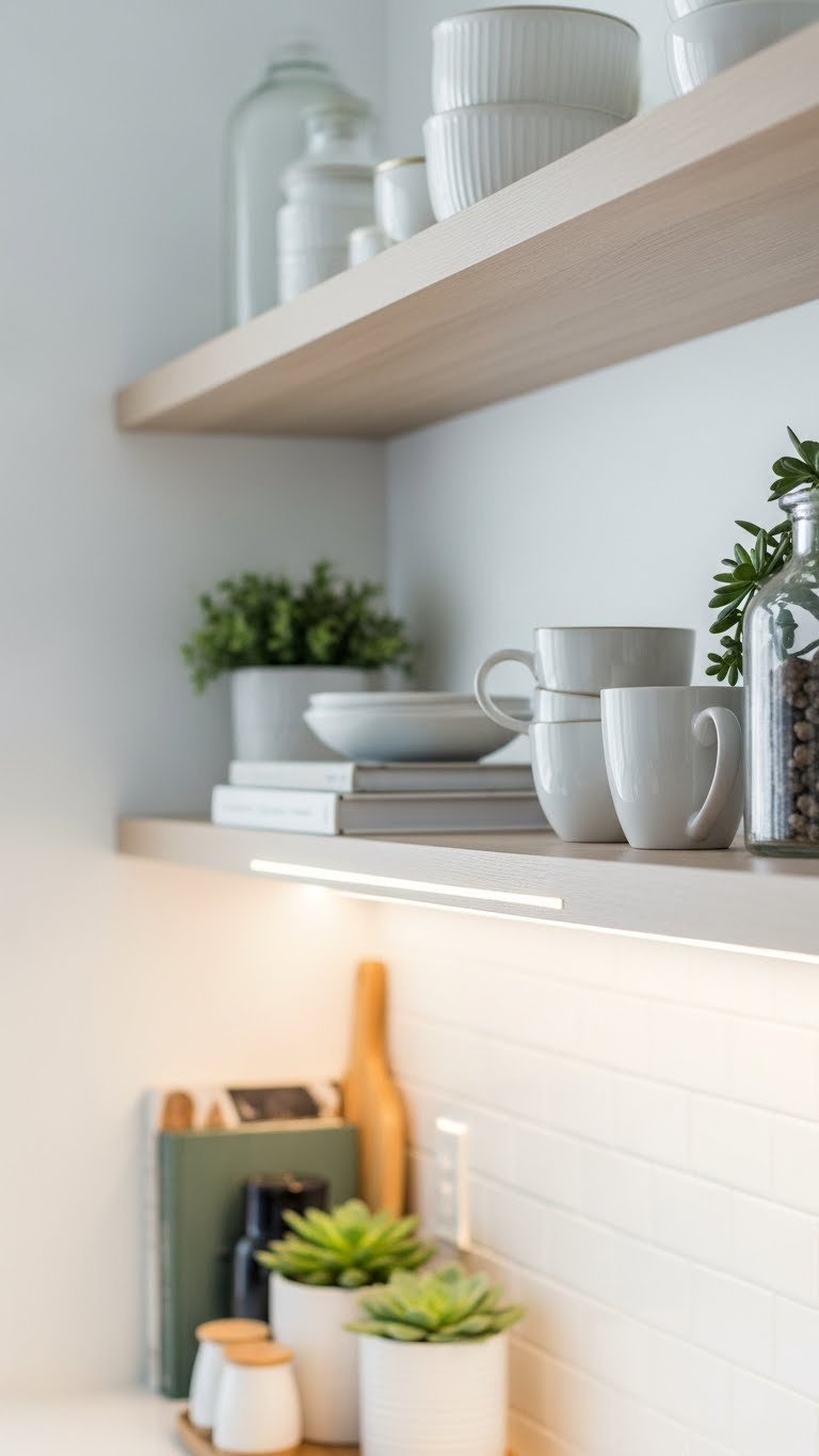 Ultimate Apartment Kitchen Led Lights: 7 Diy Renter Upgrades 11 Discreet under-shelf LED accent lighting casting delicate glow on decorative ceramics and small indoor plants