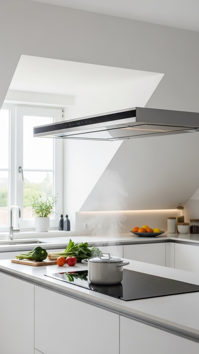 11 Genius Attic Kitchen Ideas For Slanted Ceilings 19 Discrete powerful ventilation system managing air quality in attic kitchen with challenging sloped ceiling design