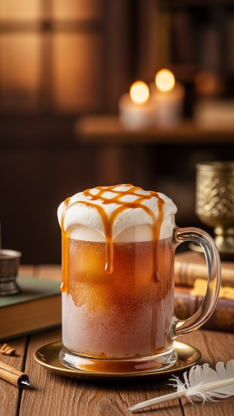 Dr Pepper Butterbeer in frosty mug with caramel drizzle on rustic wooden table in magical setting