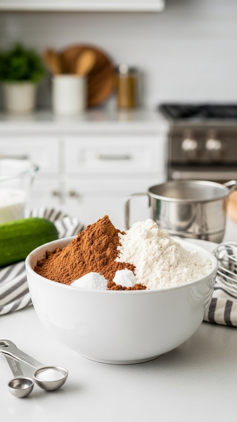 Dry baking ingredients including all-purpose flour, cocoa powder, and baking soda artfully arranged in a white mixing bowl