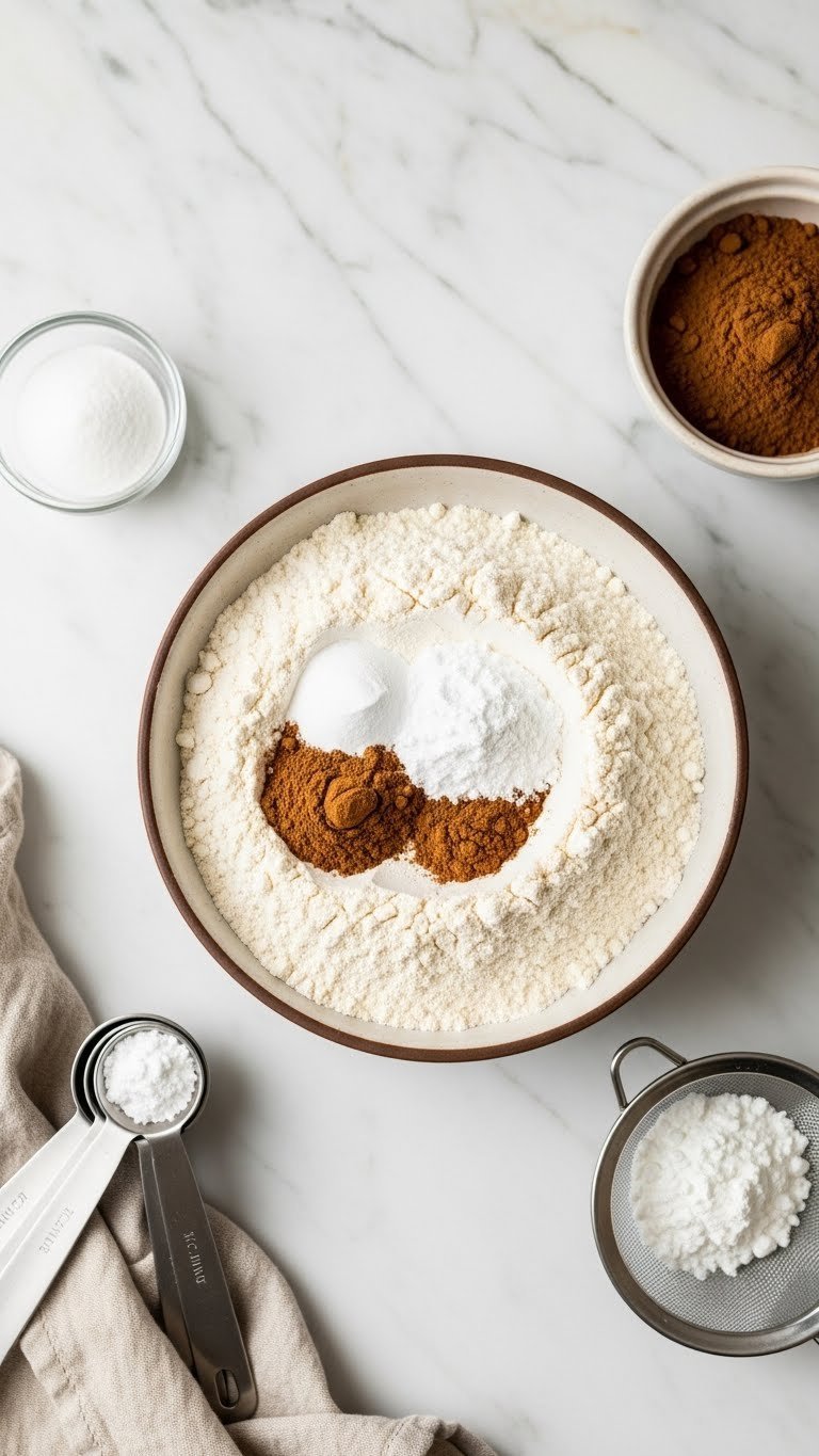 Dry baking ingredients including flour, baking soda, baking powder, and cinnamon in medium bowl