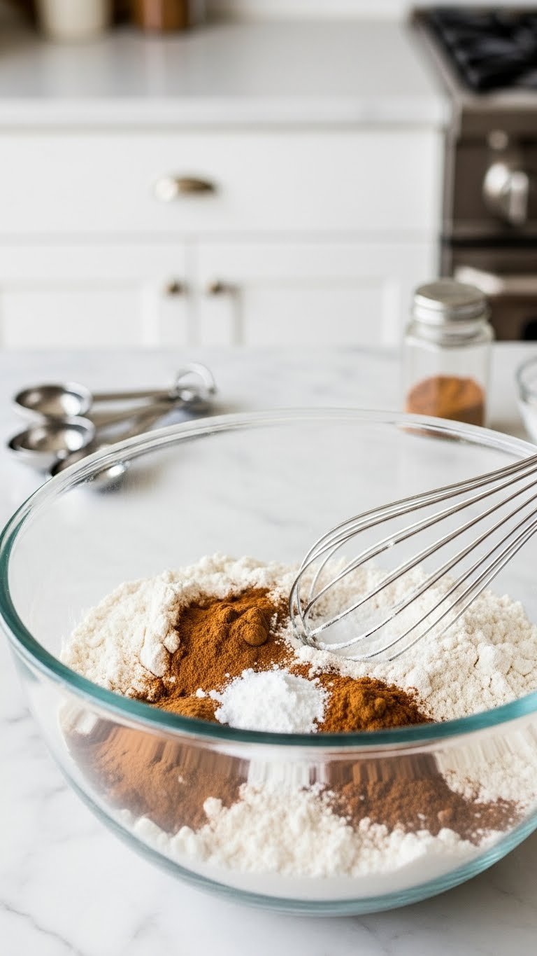 Pioneer Woman Zucchini Bread: Easy, Extra Moist Recipe 3 Dry baking ingredients mixture with flour, cinnamon, and baking soda in mixing bowl with metal whisk on marble countertop