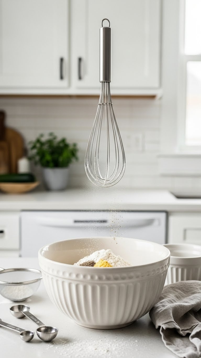 Dynamic close-up of stainless steel whisk suspended above flour mixture in white bowl with flour dust cloud for baking recipe