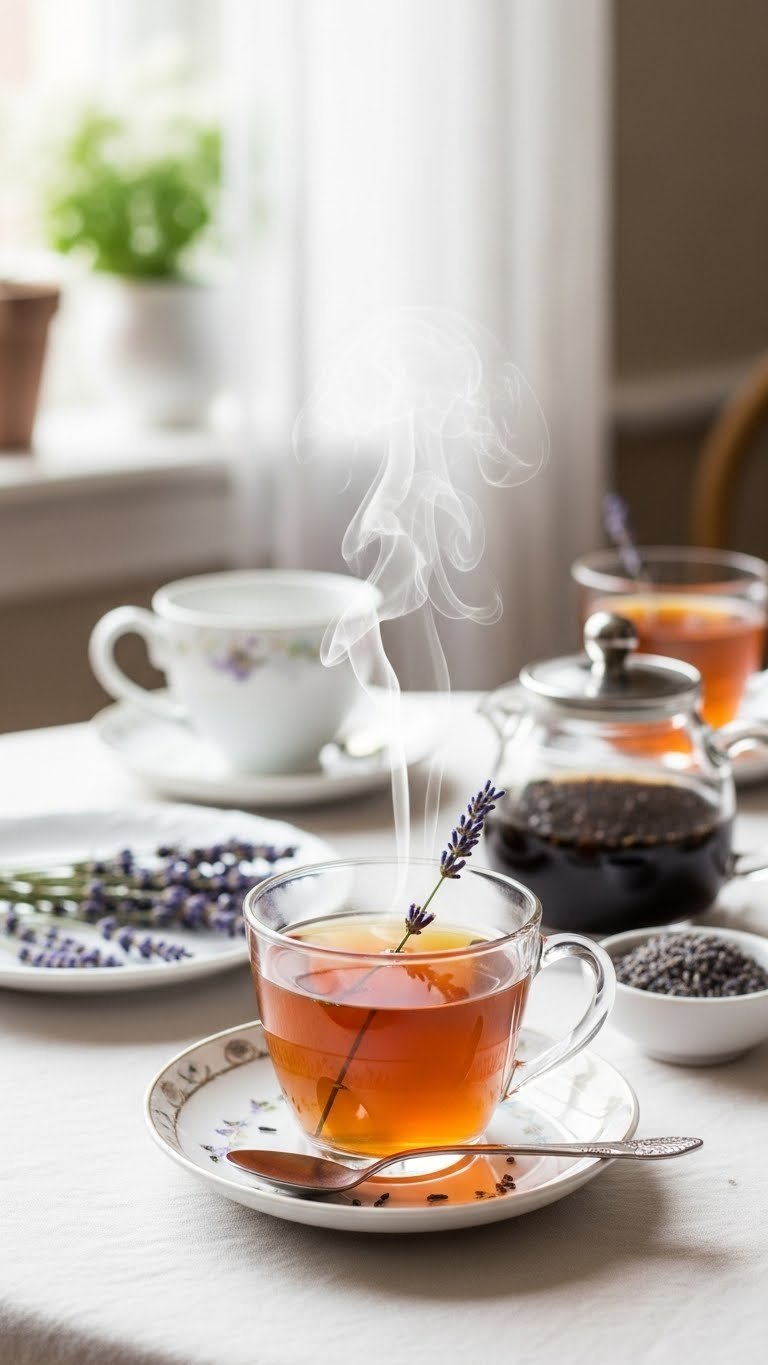 Earl Grey & Lavender Infusion mocktail with warm amber hue and lavender sprig in tea cup on white linen