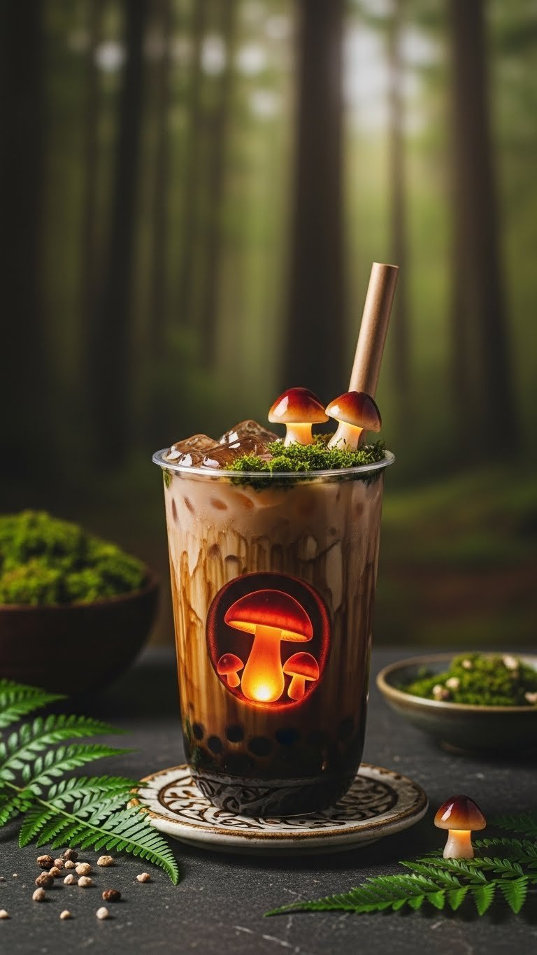 Earthy Mushroom Boba drink with glowing mushroom trinkets and mossy swirl on stone surface with forest background