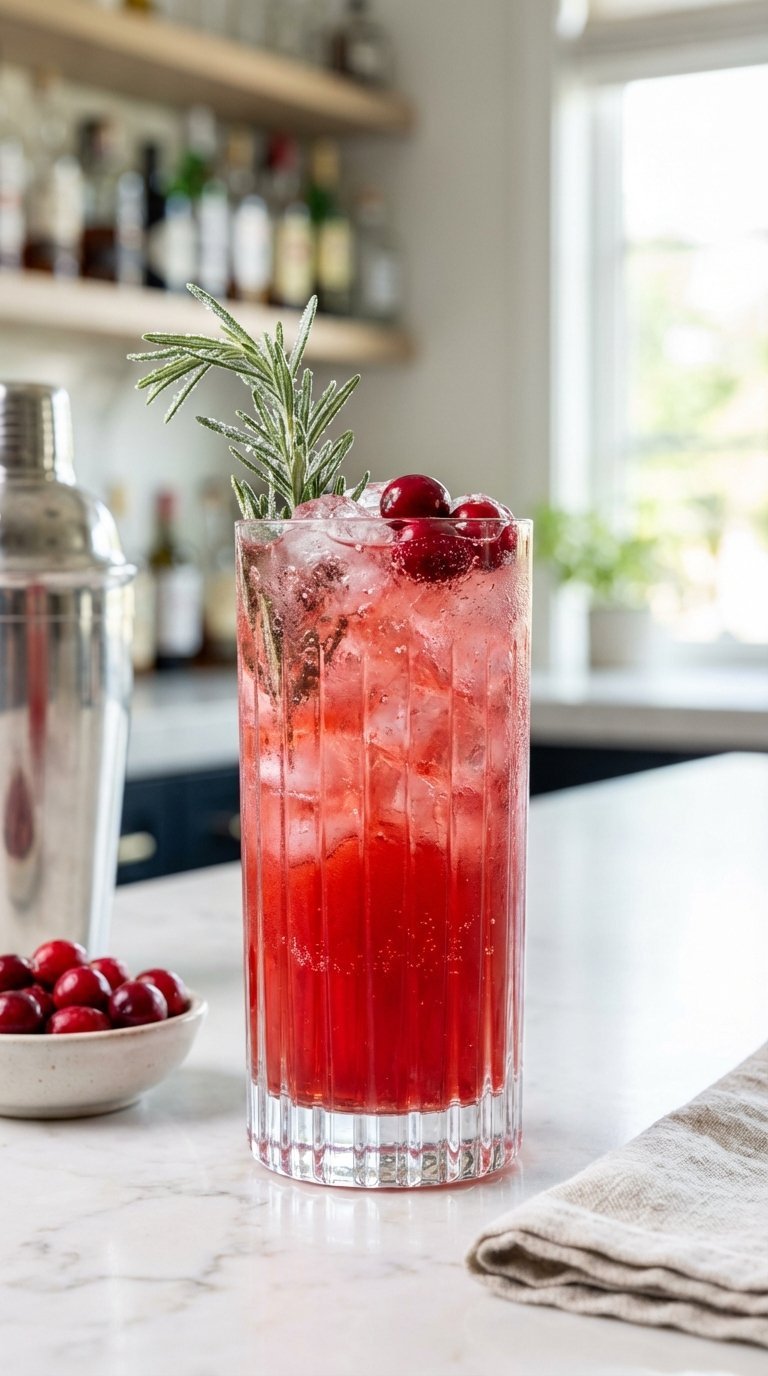 Effervescent ruby-red cranberry rosemary gin fizz in tall highball glass with crushed ice and fresh garnish on marble surface