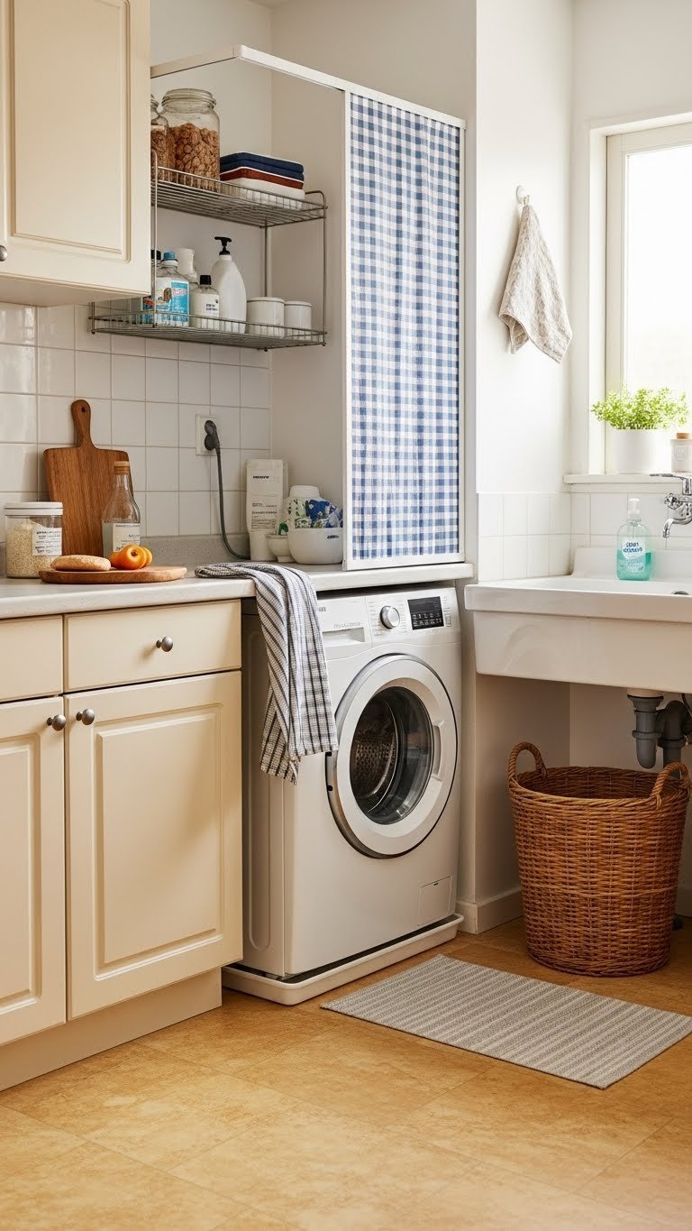 Efficient apartment kitchen with compact washing machine in utility corner with industrial shelving