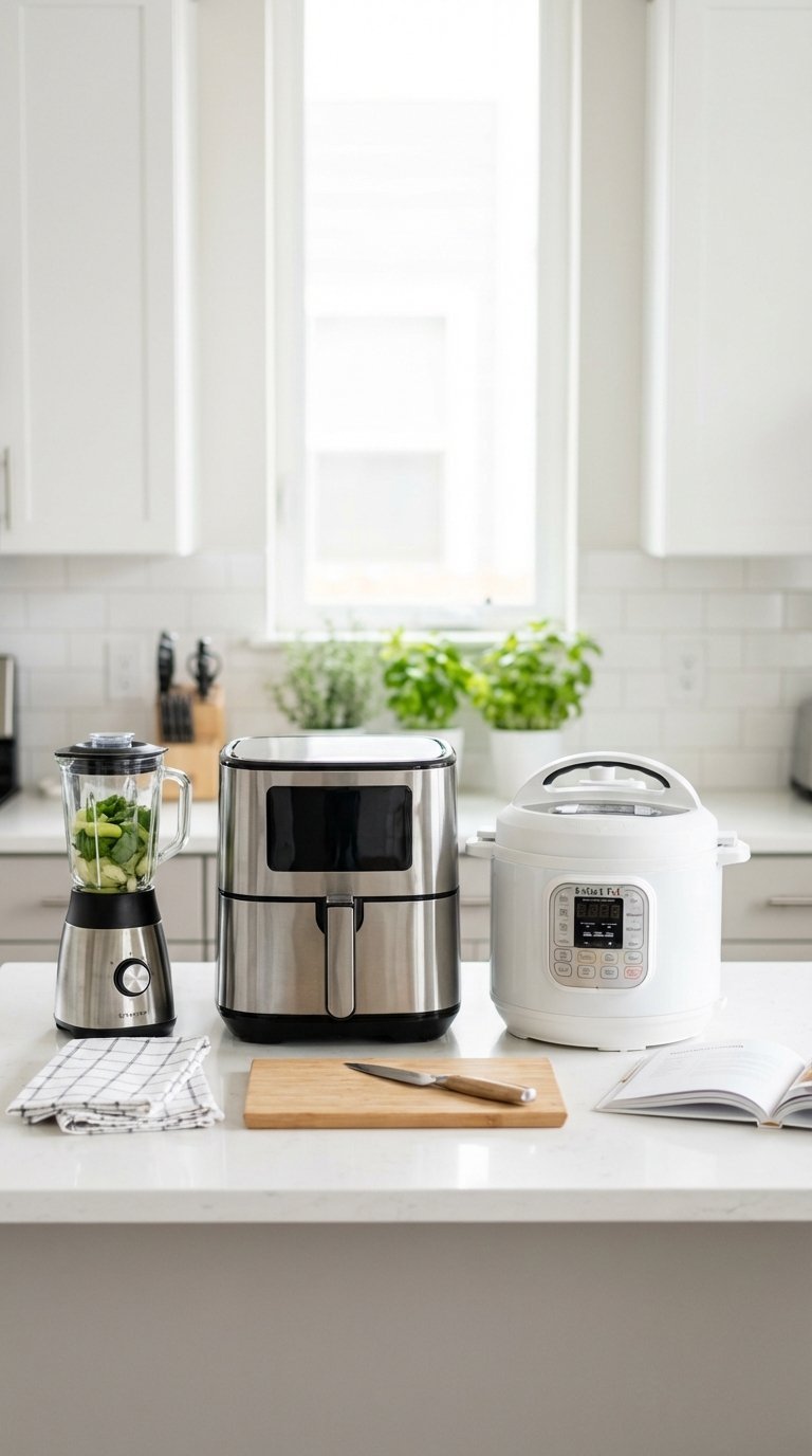 Efficient college kitchen with air fryer and compact appliances arranged on minimalist countertop