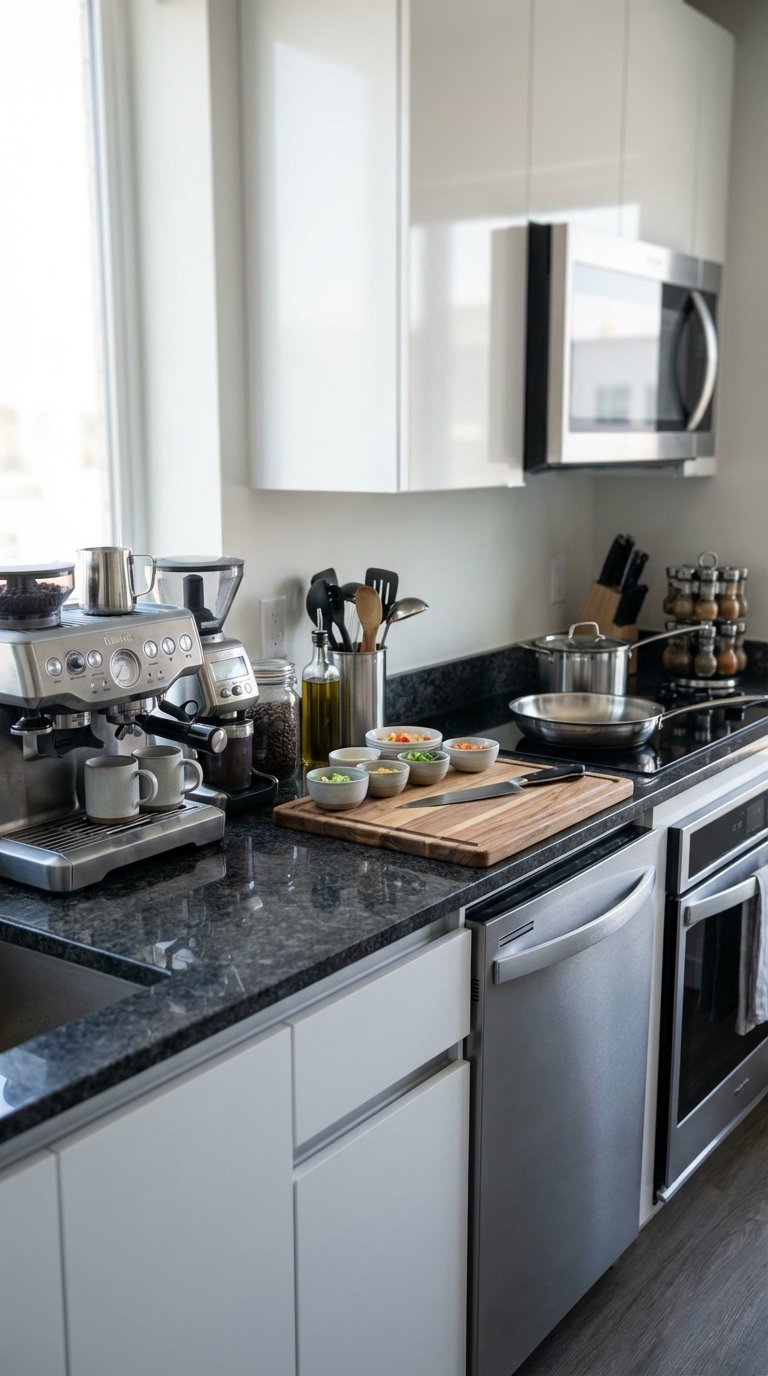 Efficient galley-style kitchen with defined zones for coffee station, prep area, and cooking space