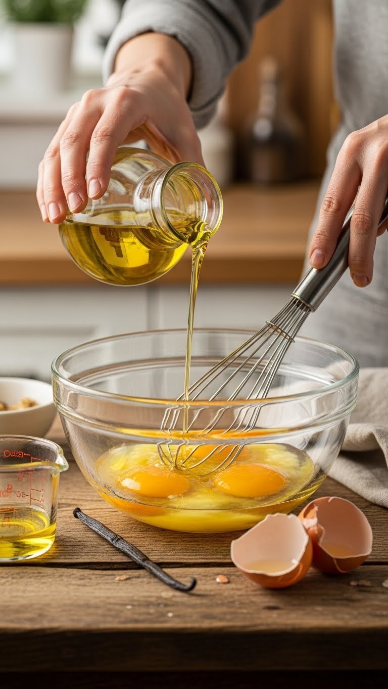 Eggs, vegetable oil, and vanilla extract being whisked together in glass bowl with warm golden hour lighting on rustic table.