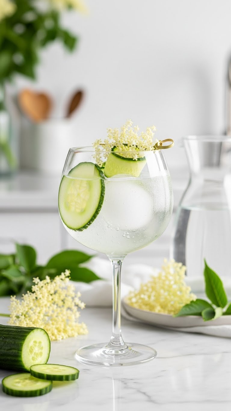 Elderflower & Cucumber Tonic mocktail with pale green tint and cucumber ribbons in gin glass on marble