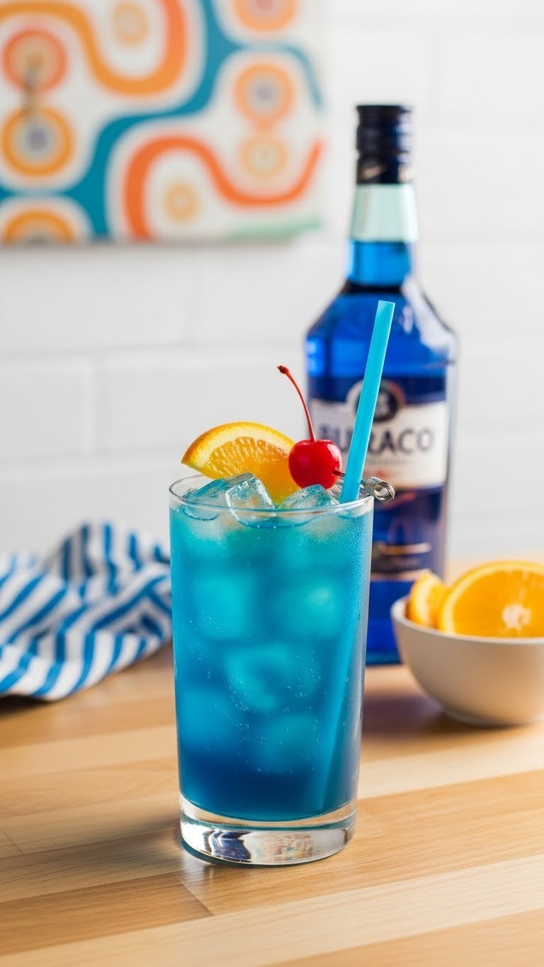 Electric blue Blue Lagoon cocktail in tall highball glass with orange slice and maraschino cherry garnish