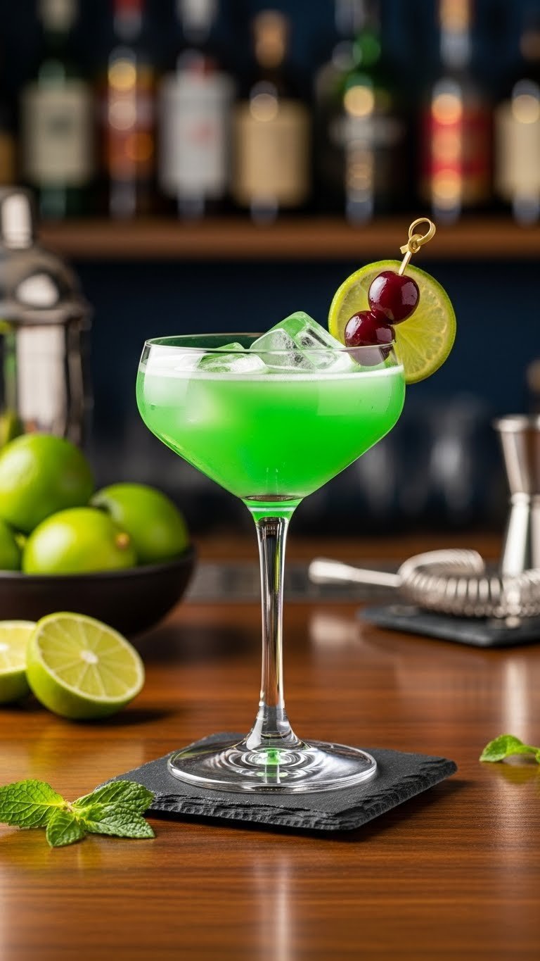 Electric green Midori Sour cocktail in coupé glass with lime wheel garnish on slate coaster