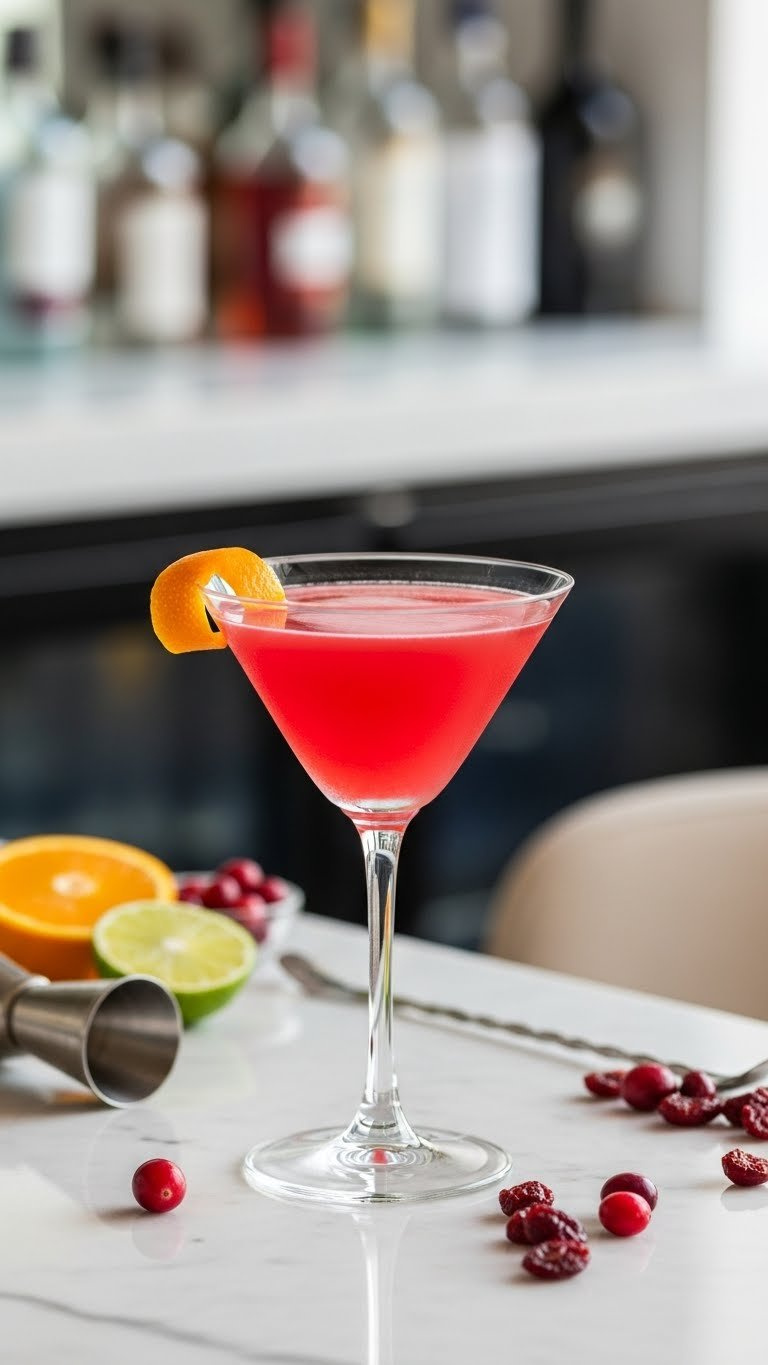 Elegant Cosmopolitan cocktail in martini glass with vibrant cranberry color and orange twist garnish on marble countertop