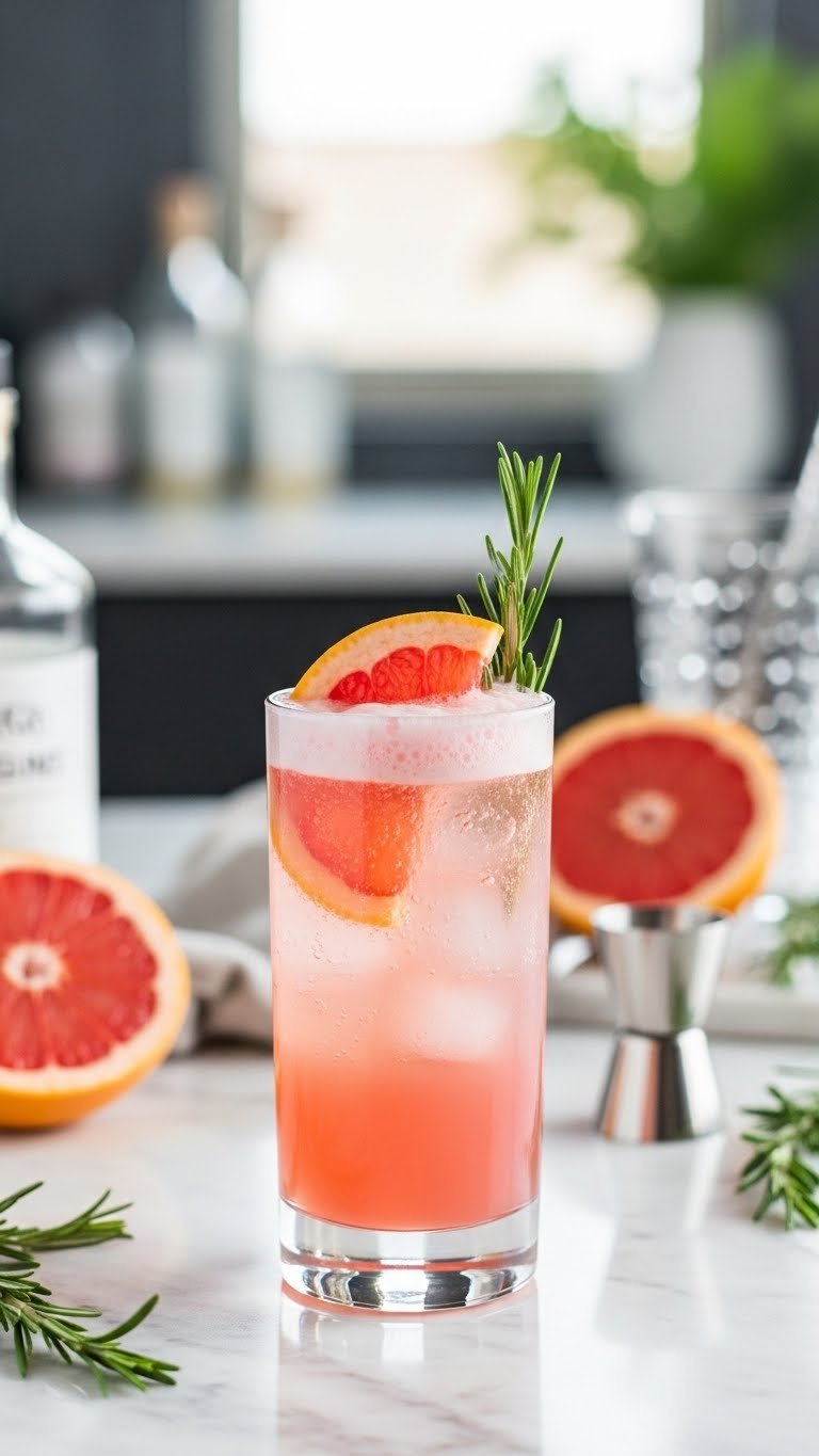 Elegant blush-pink grapefruit rosemary gin fizz with foam topping in sophisticated glassware on marble surface