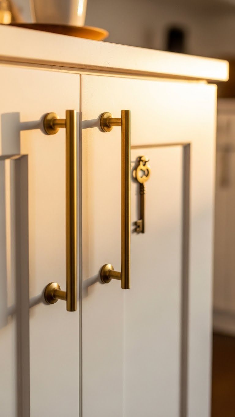 White Kitchen Cabinets: 9 Proven Apartment Ideas For Space 13 Elegant brass pulls contrasting with clean white shaker cabinets in chic apartment kitchen with warm golden light.