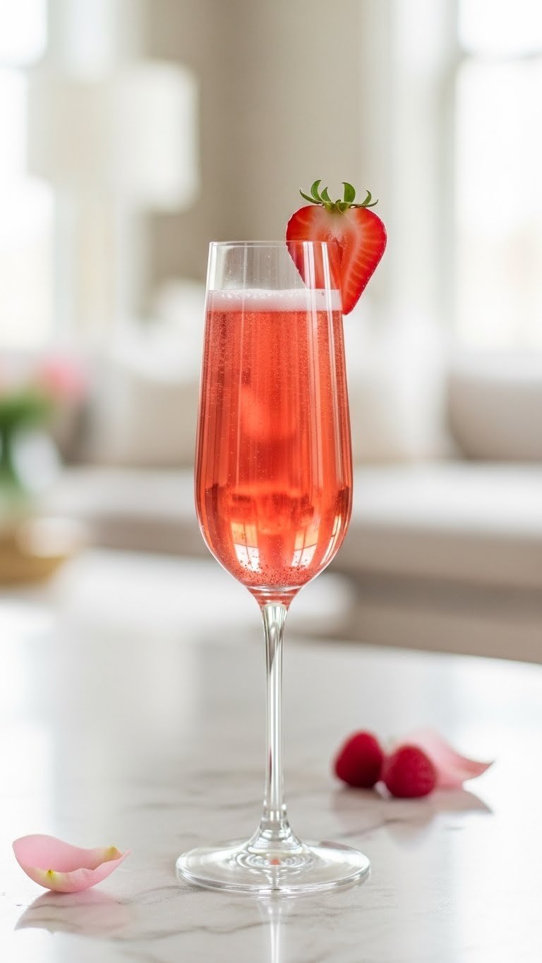 Elegant champagne flute with vibrant pink strawberry cocktail featuring fresh strawberry slice rim garnish and rising bubbles on marble countertop