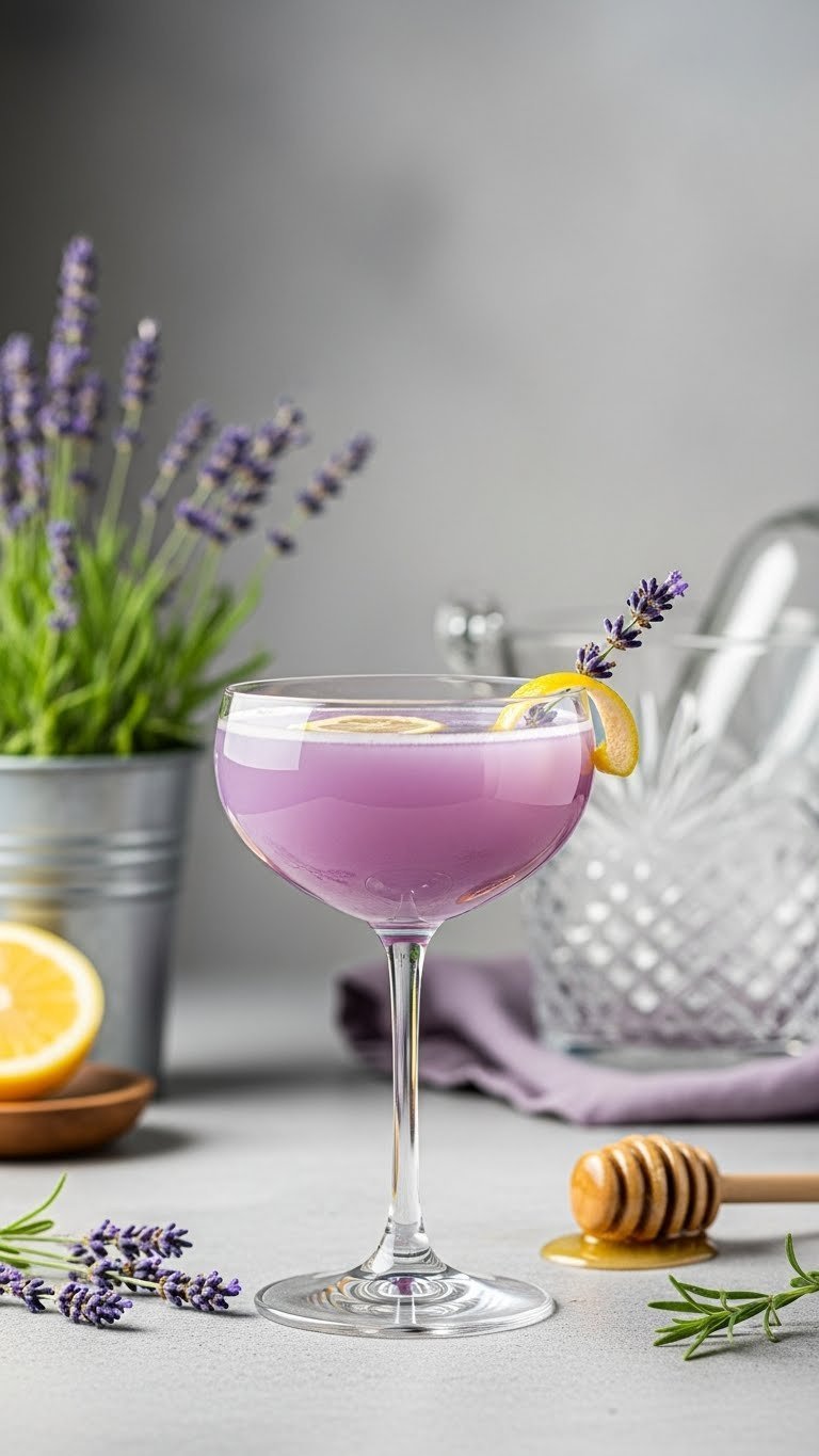 Elegant cocktail glass with boozy lavender honey lemonade featuring delicate lavender sprig and lemon twist garnish.