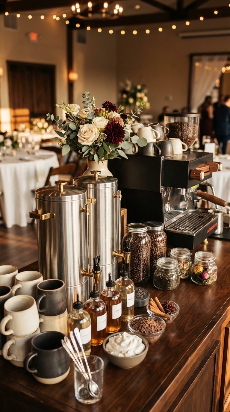 Elegant coffee and hot drink bar with espresso machine, syrups, and mugs on polished dark wood counter