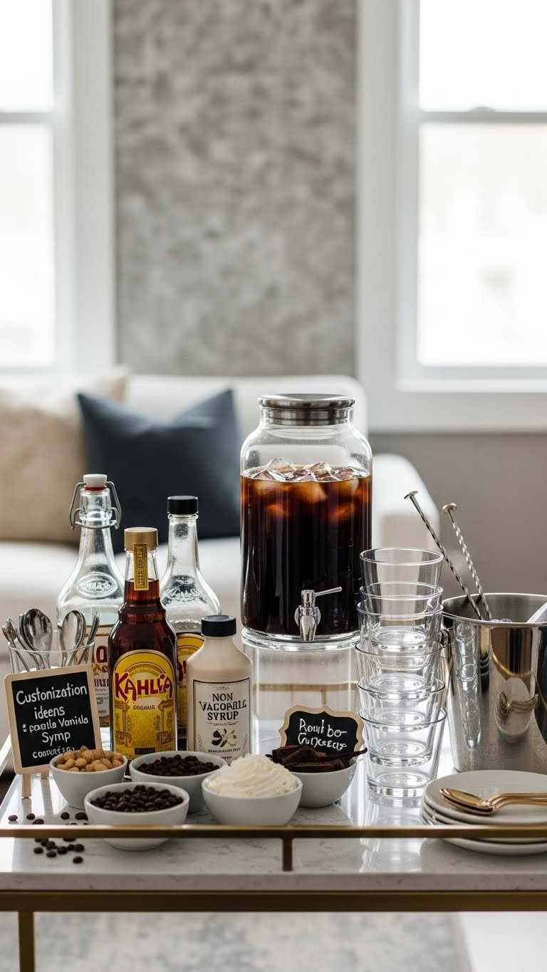 Elegant cold brew coffee bar with carafes, garnishes, and glasses on modern bar cart setup