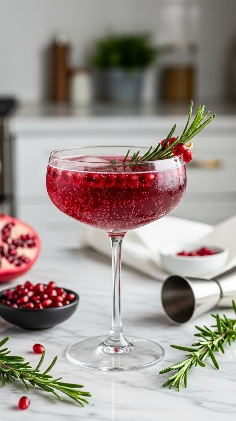 Elegant coupe glass pomegranate rosemary spritzer with garnet-red liquid and fresh garnish on marble counter