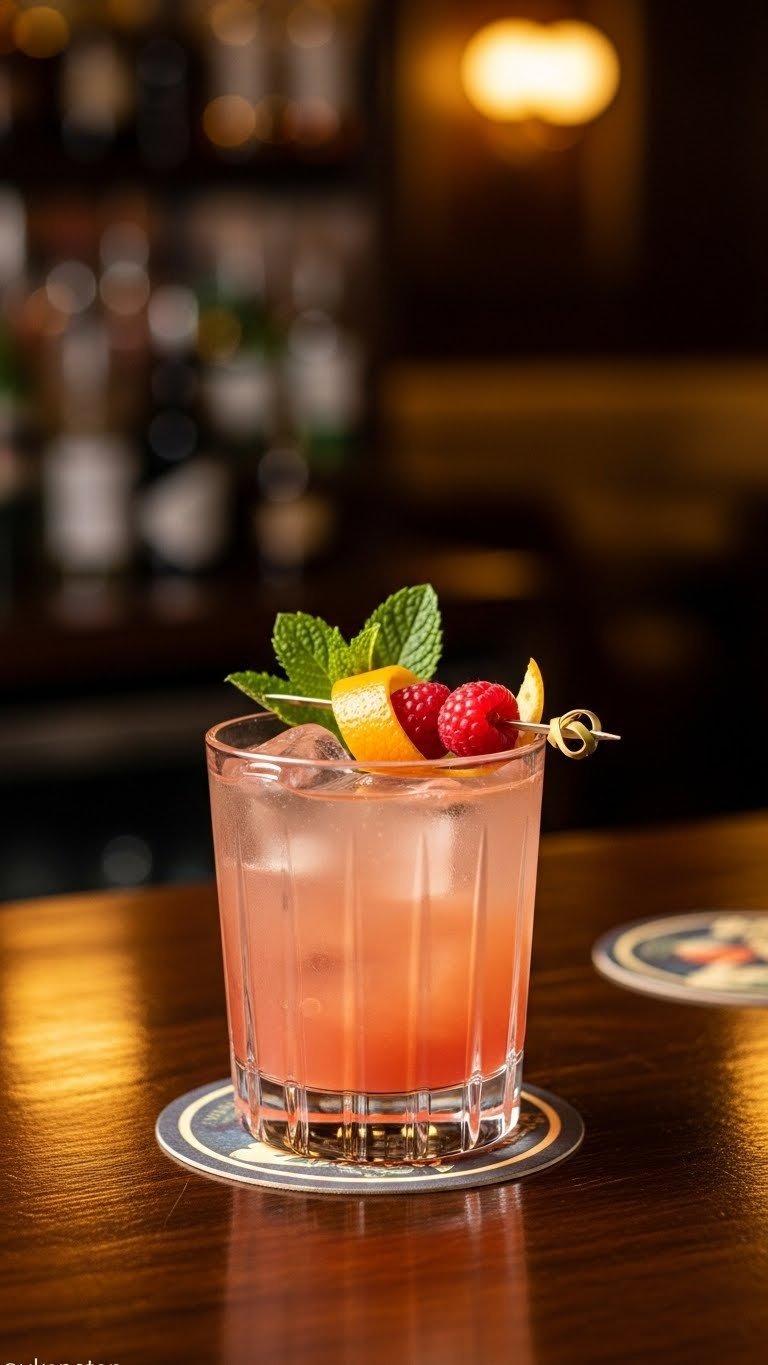 Elegant garnished mocktail with orange peel spiral, raspberry, and mint sprig on dark wood