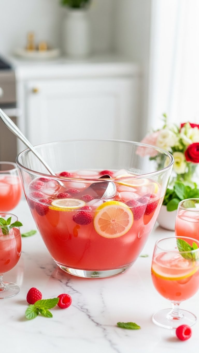 Elegant glass punch bowl with pink raspberry rosé punch, fresh raspberries, lemon slices, and stemmed glasses on white marble countertop
