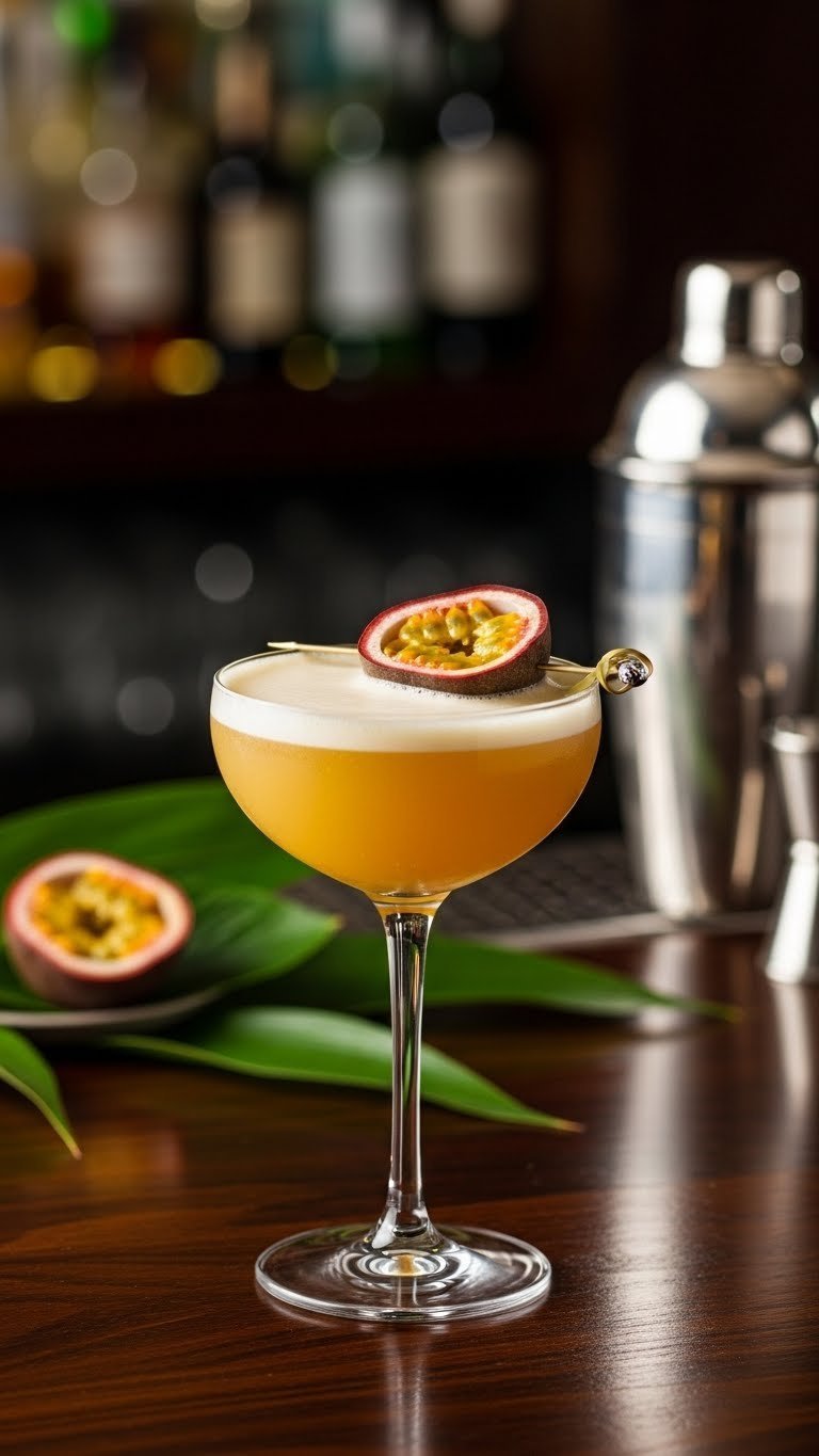 Elegant golden Zero-Proof Passionfruit Martini in coupe glass with frothy top and passionfruit garnish on dark wood