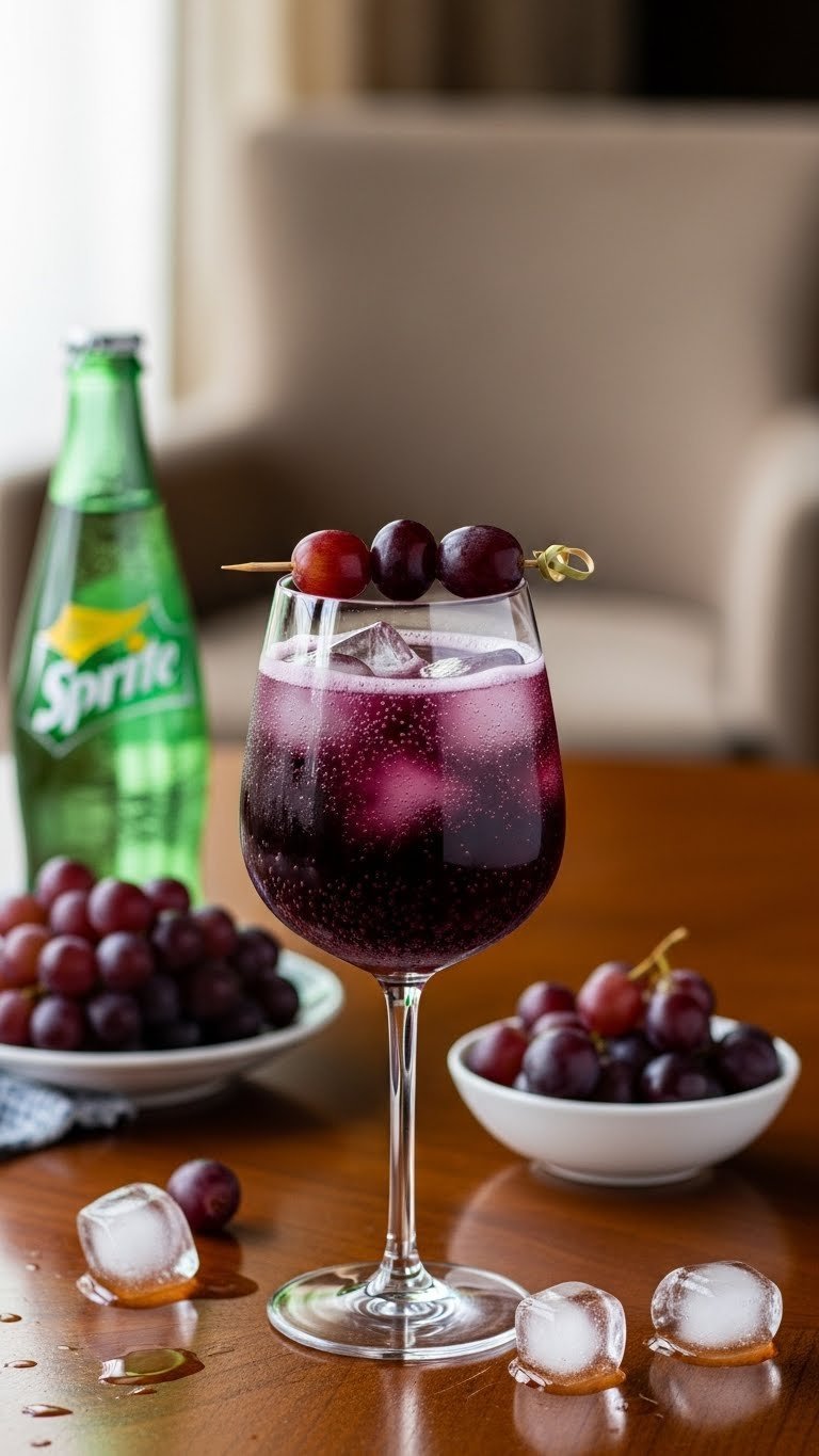 Elegant grape juice and Sprite non-alcoholic drink with fresh grape garnish in wine-style glass