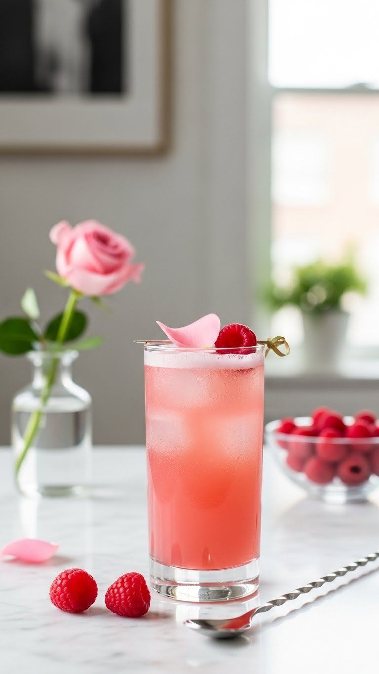Elegant highball glass with blush pink sparkling rose raspberry elixir garnished with fresh raspberries and rose petal on marble countertop