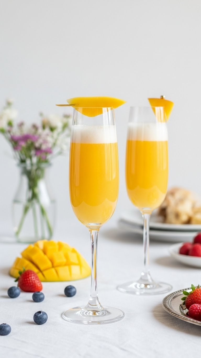 Elegant mango mimosa in flute glasses with delicate mango slice garnish on white linen