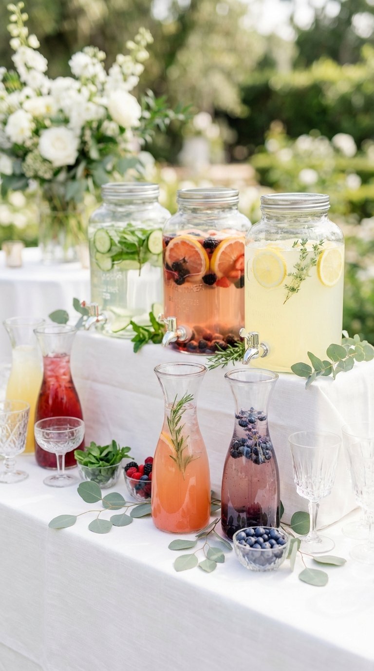 Elegant non-alcoholic wedding drinks station with glass carafes, infused waters, and fresh fruit garnishes on white tablecloth