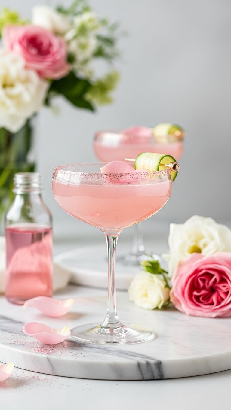 Elegant pale pink rose water sparkling mocktail in coupe glass shimmering with edible glitter and rose petal garnish.