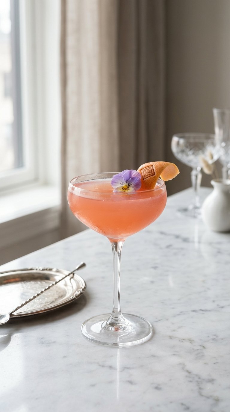 Elegant signature wedding cocktail in coupe glass with edible flower garnish on polished marble countertop with soft natural lighting