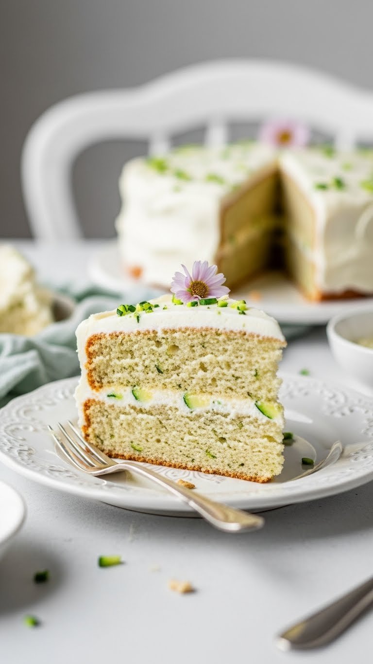 Elegant slice of gluten-free eggless zucchini cake with creamy frosting on vintage ceramic plate