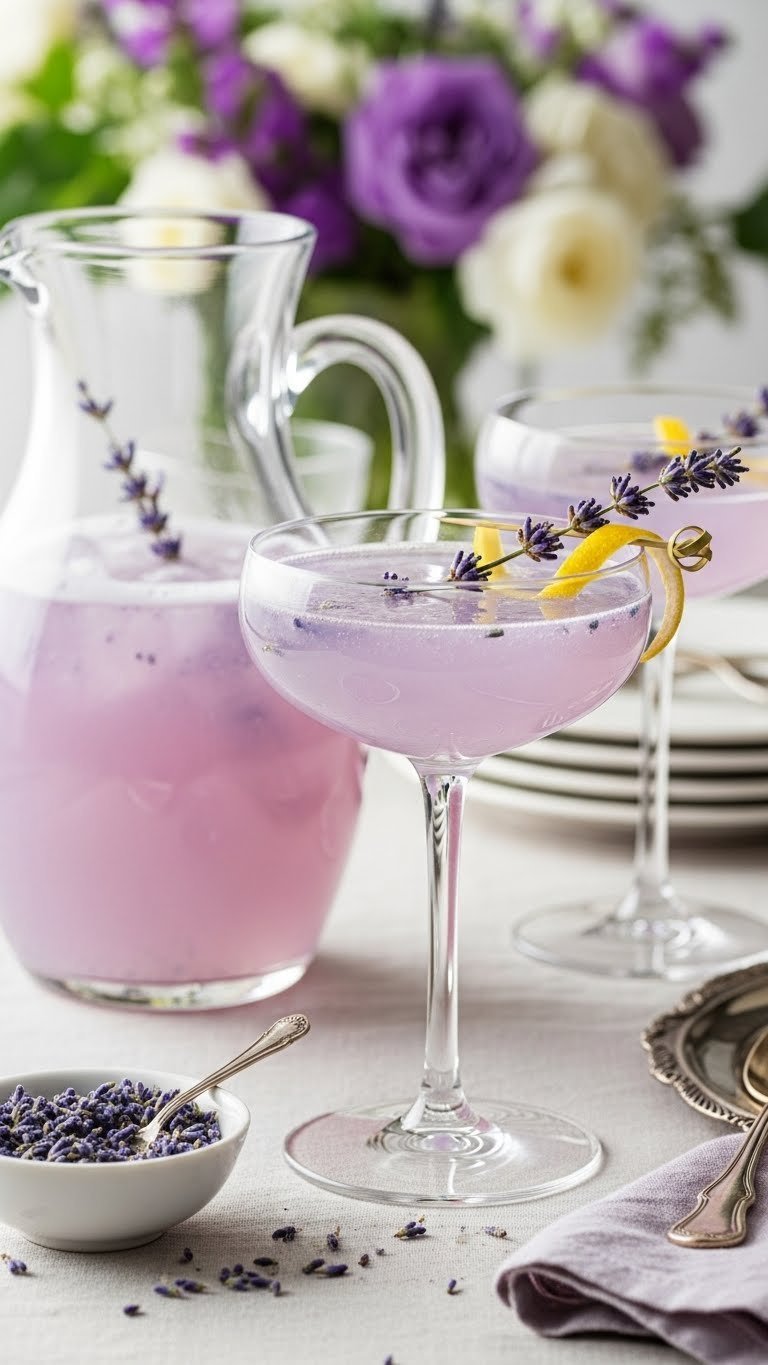 Elegant sparkling lavender lemonade punch with fresh lavender sprig and lemon twist in delicate glassware