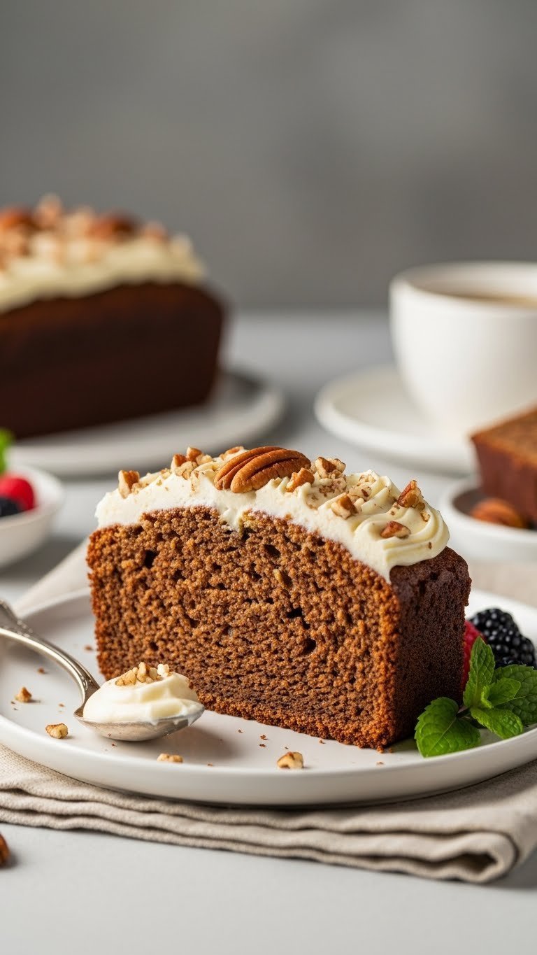 Elegant zucchini bread slice with cream cheese frosting and pecans on white ceramic plate