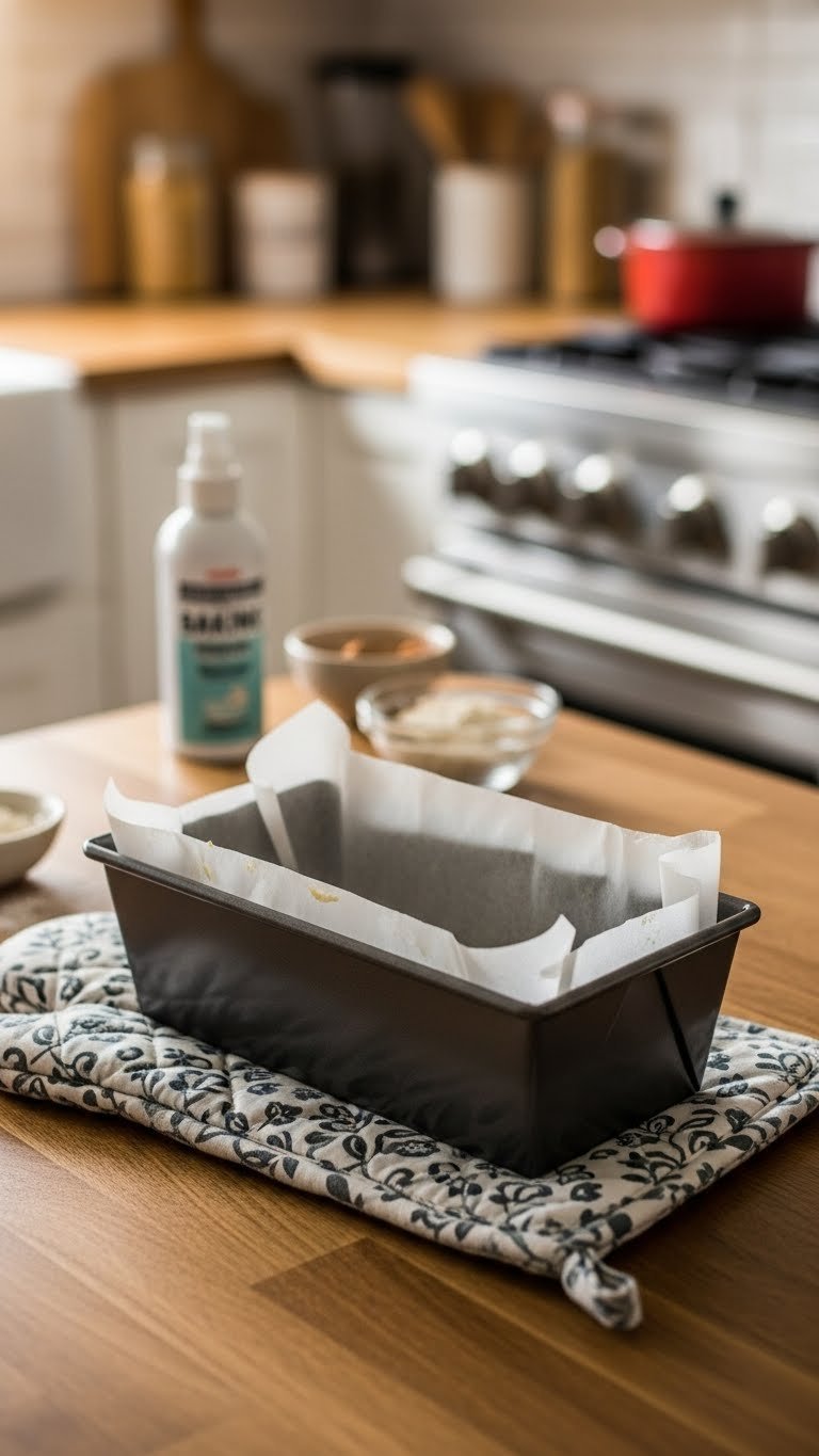 Pioneer Woman Zucchini Bread: Easy, Extra Moist Recipe 9 Empty greased loaf pan ready for zucchini bread batter with oven door ajar in warm kitchen background