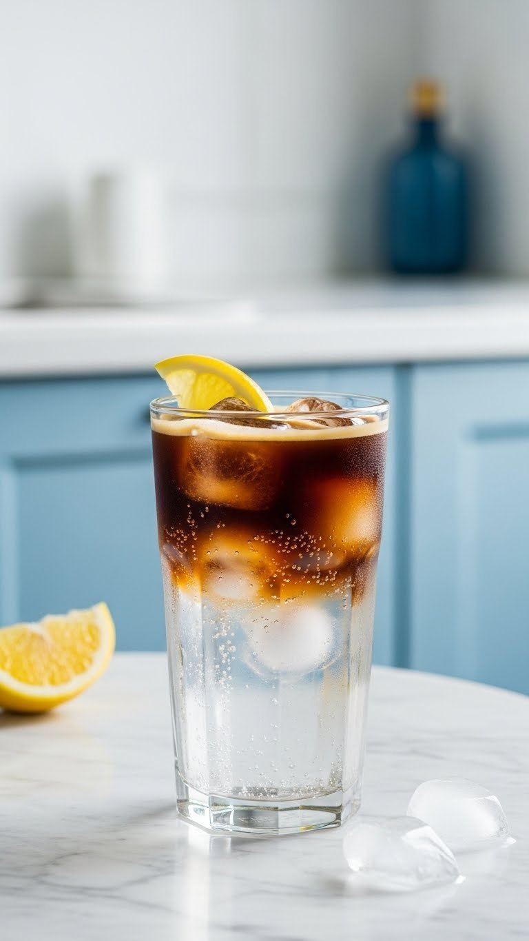 Energizing espresso tonic in highball glass with espresso layers over tonic water and citrus slice