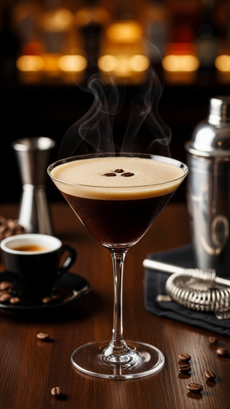 Espresso martini in elegant glass with coffee bean garnish on dark polished wood