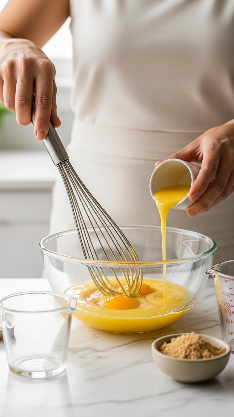 Eye-level close-up of wet ingredients being whisked in glass bowl showing eggs, vegetable oil, and vanilla extract mixture