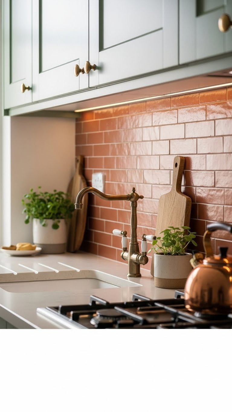 Faux brick backsplash with vintage-style faucet and ceramic plant pot in warm earthy tones against a light-colored countertop