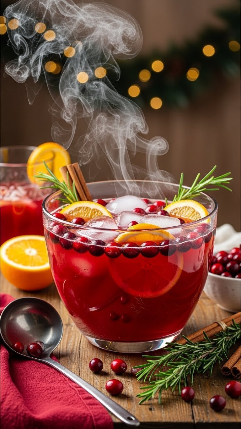 Festive cranberry Sprite holiday punch bowl with orange slices and rosemary sprigs on rustic wooden table