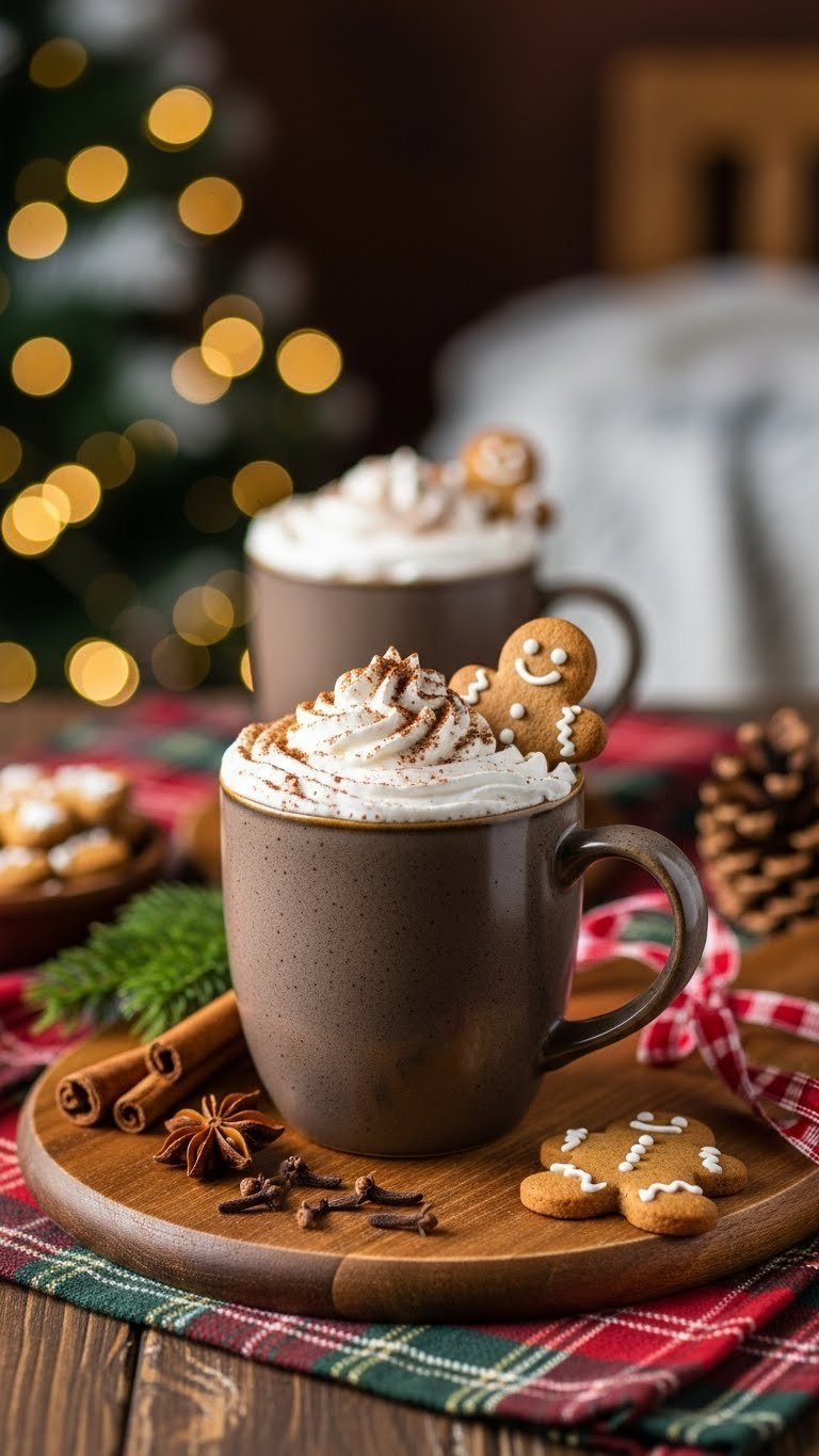 Festive gingerbread spiced hot chocolate with whipped cream and gingerbread cookie in rustic mug