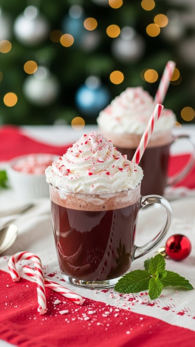 Festive peppermint schnapps hot chocolate with whipped cream and crushed candy canes in holiday-themed mug