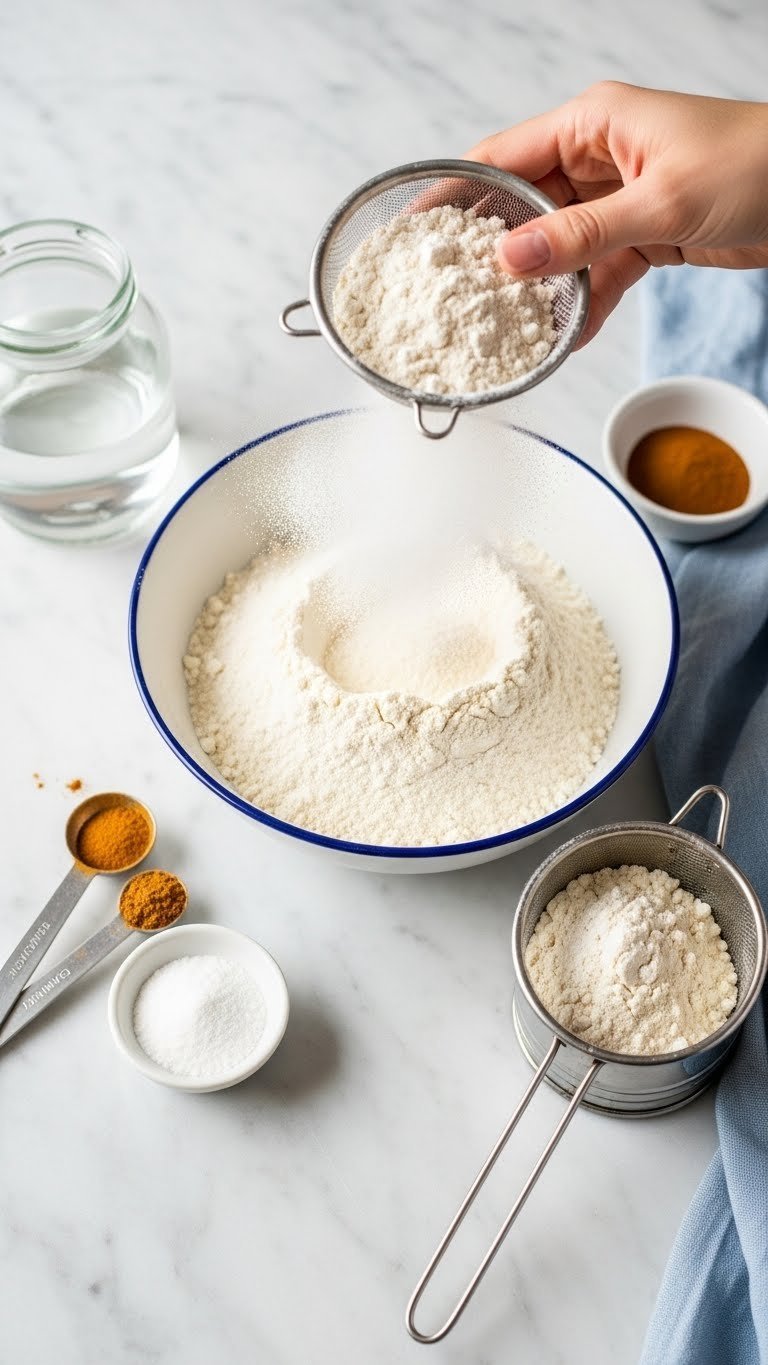 Fine white flour being sifted with cinnamon and spices rising in delicate powder cloud