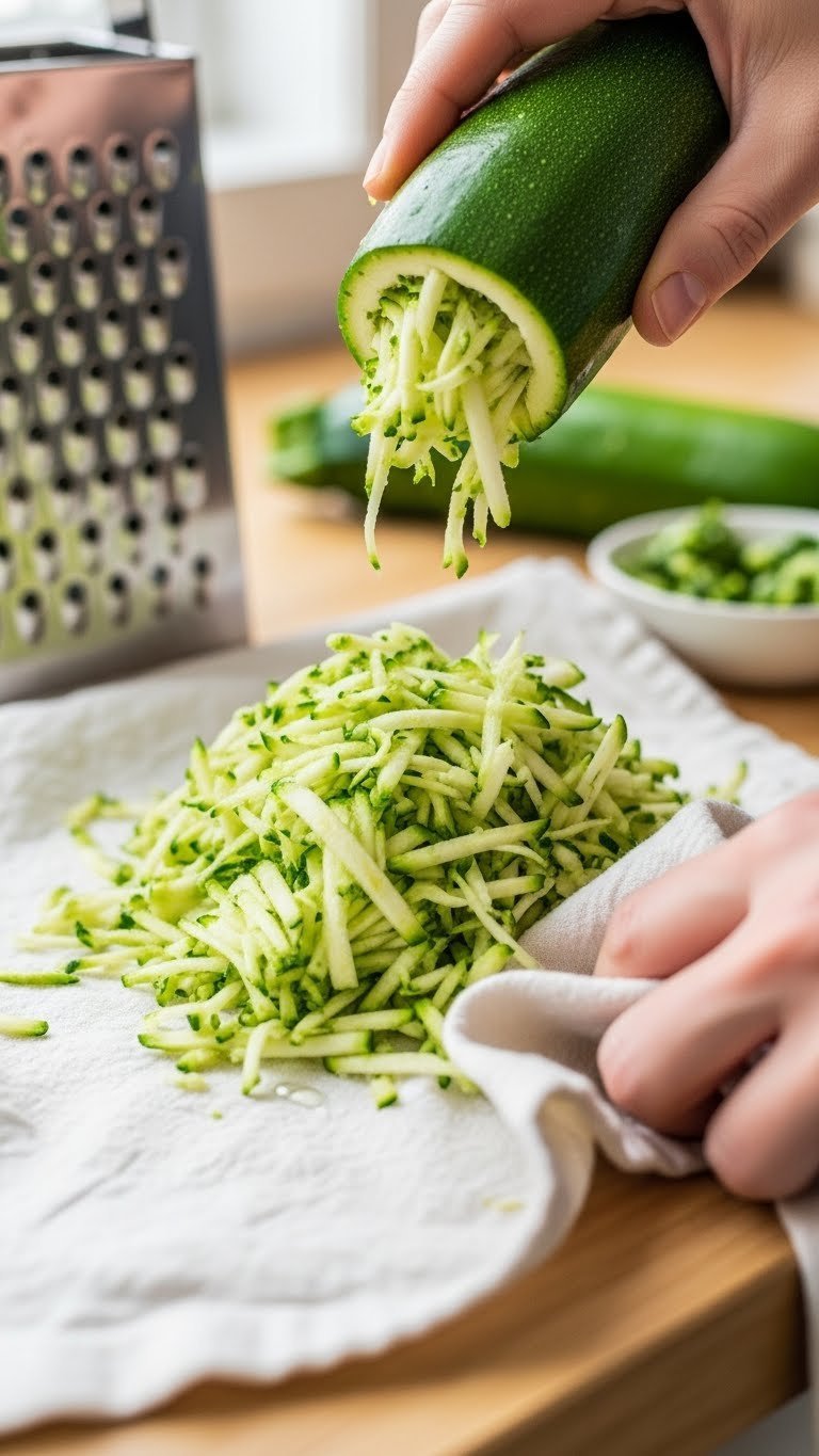 Finely grated green zucchini piled on a white linen towel with water droplets showing moisture extraction for baking